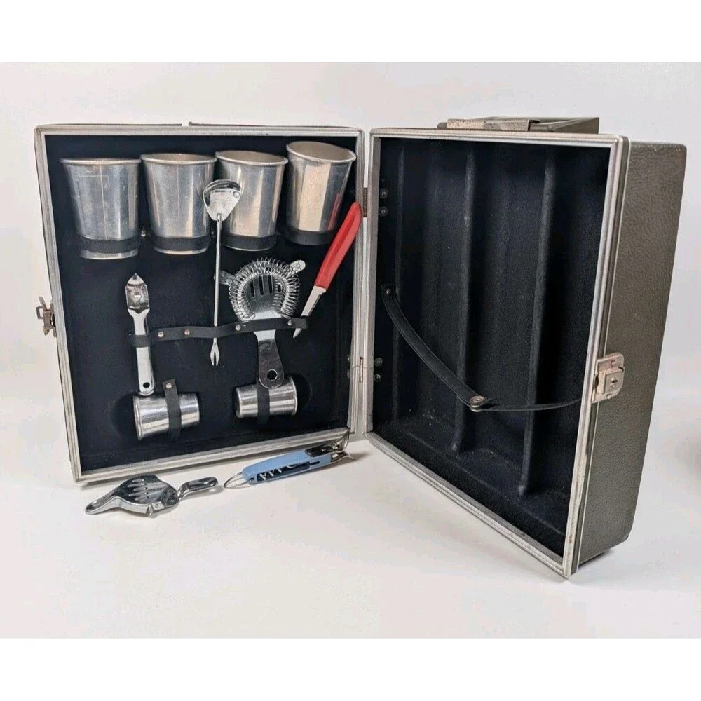 Vintage Mid‑Century Portable Bar Set Hard Case Aluminum Cups Bar Tools Travel